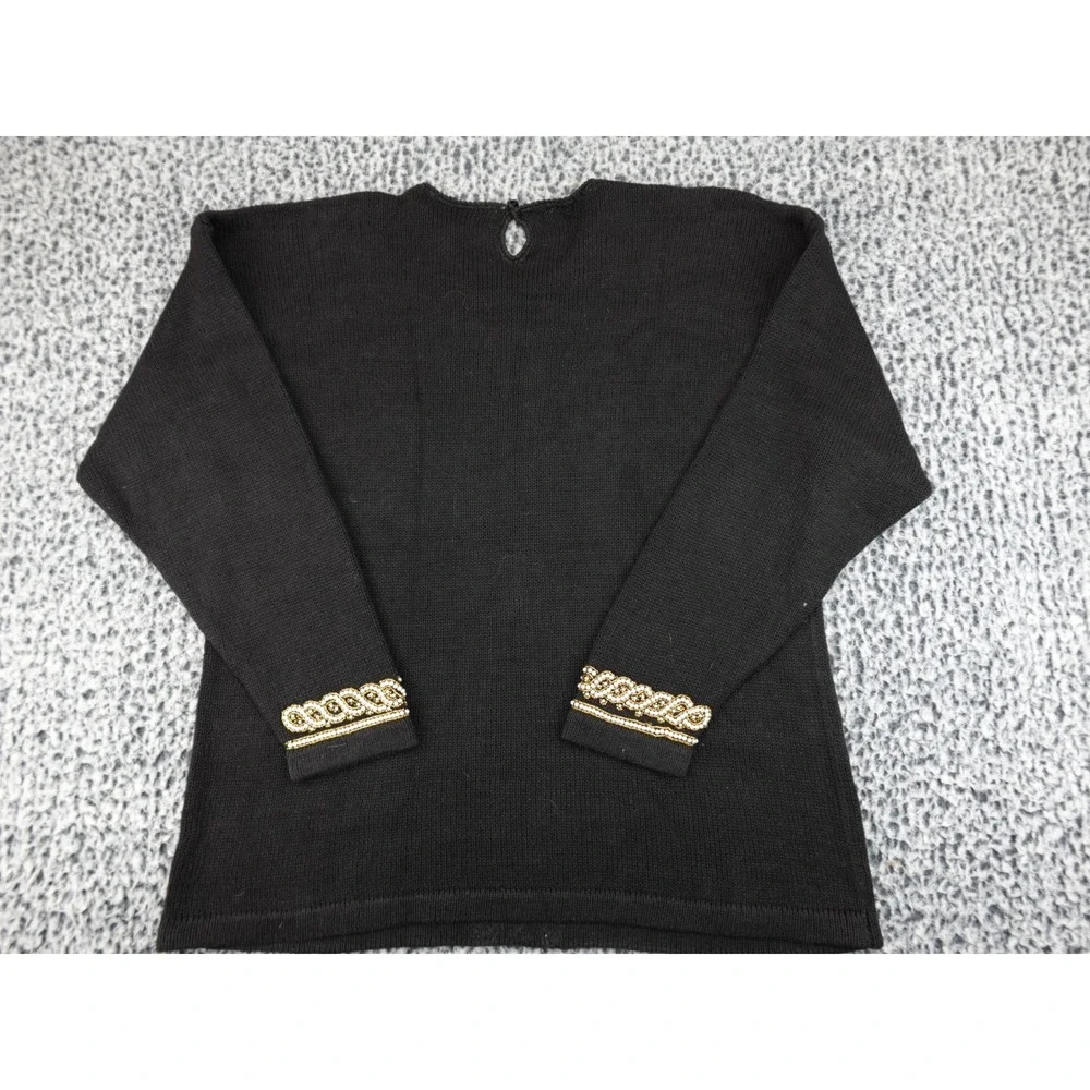 Victoria Harbour Beaded Sweater Womens Large‎ Black Gold Faux Pearl Ramie Cotton